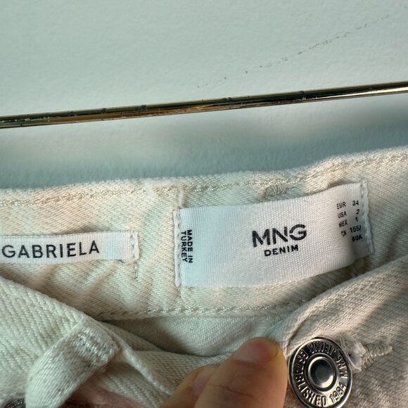 Mango Gabriela High Waist Distressed Knee Wide Leg Button Fly Jeans Ecru Sz 2 - Picture 6 of 13